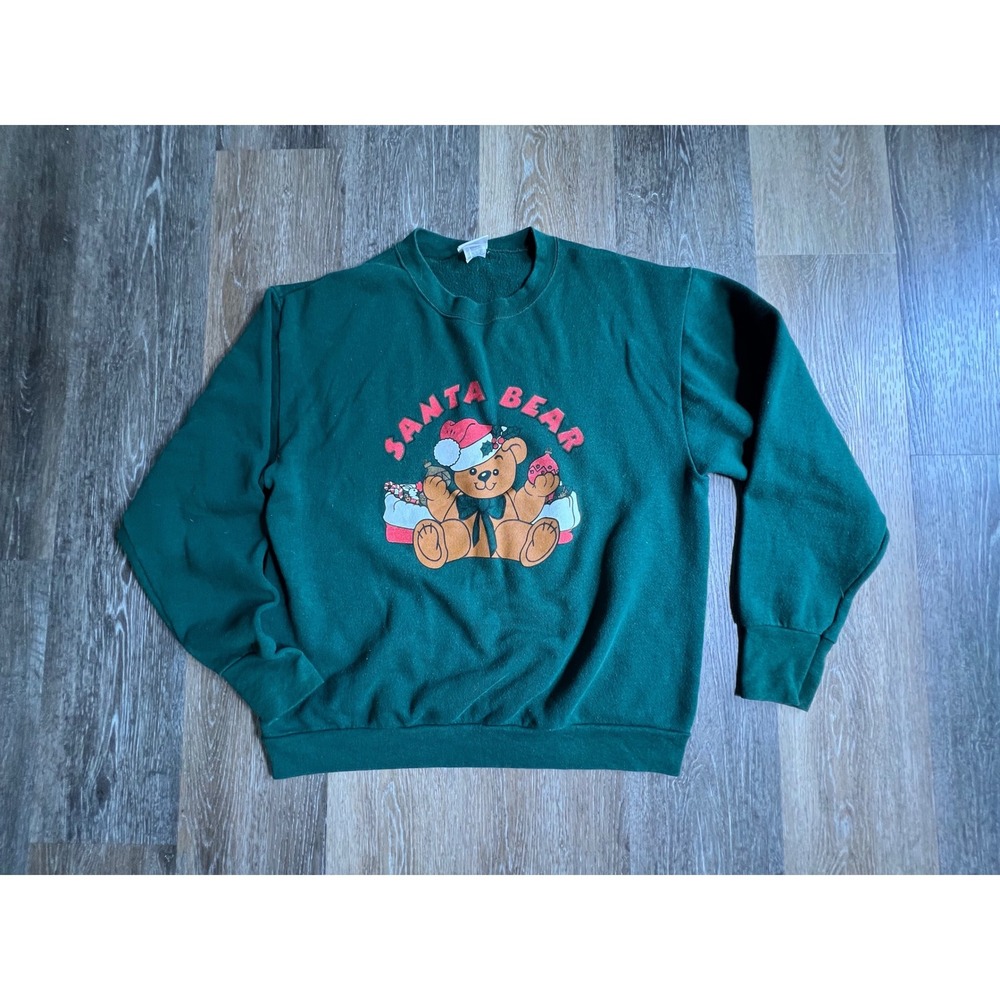 Holiday Time Santa Bear Sweatshirt Unisex Large Green Good Vintage Christmas 90s